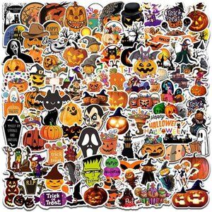 100PCS Non-Repeating Halloween Pumpkin Theme Stickers, Vinyl Waterproof Holiday
